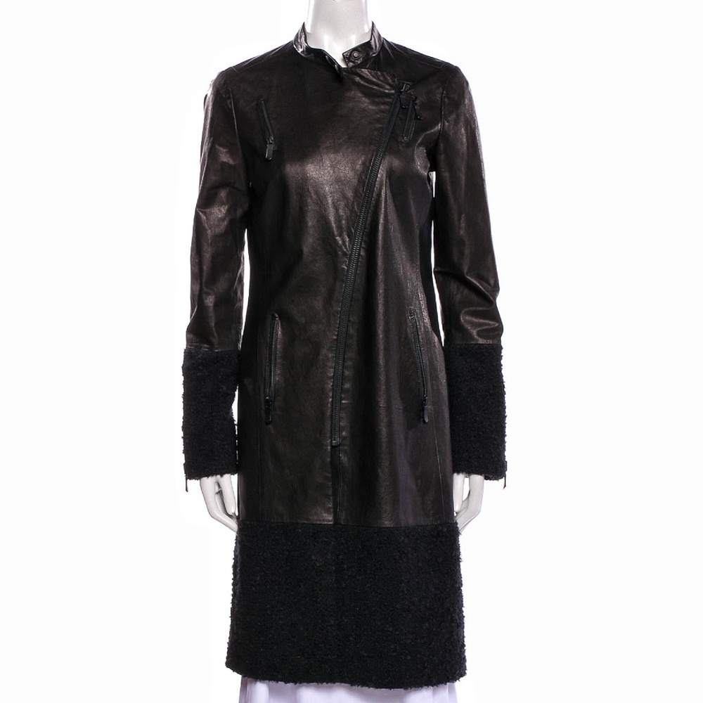 J Brand Lambskin Black Leather Trench Coat with Faux Cur Trim Small S